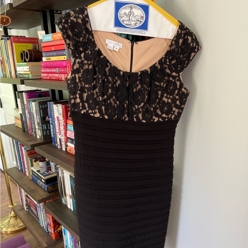 London Times Black and Tan Sheath Midi Dress